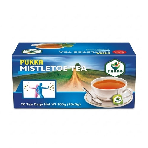 Box of Pukka Mistletoe Tea with a scenic design on the packaging.
