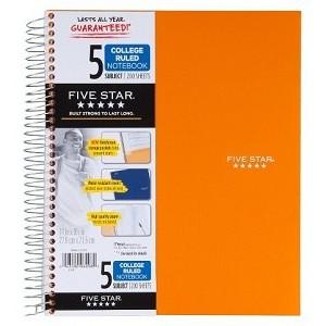 Five Star 5 Subject College Ruled Notebook 200 Sheets