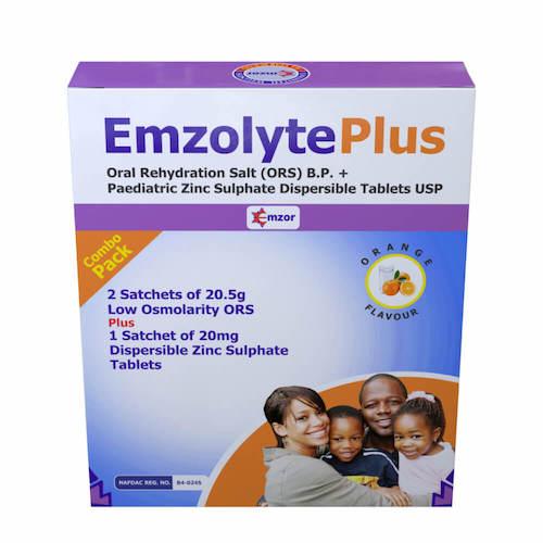 Emzolyte Plus Oral Rehydration Salt B.P. (x2) + Paediatric Zinc Sulphate Dispersible Tablets 20 mg (x1) USP