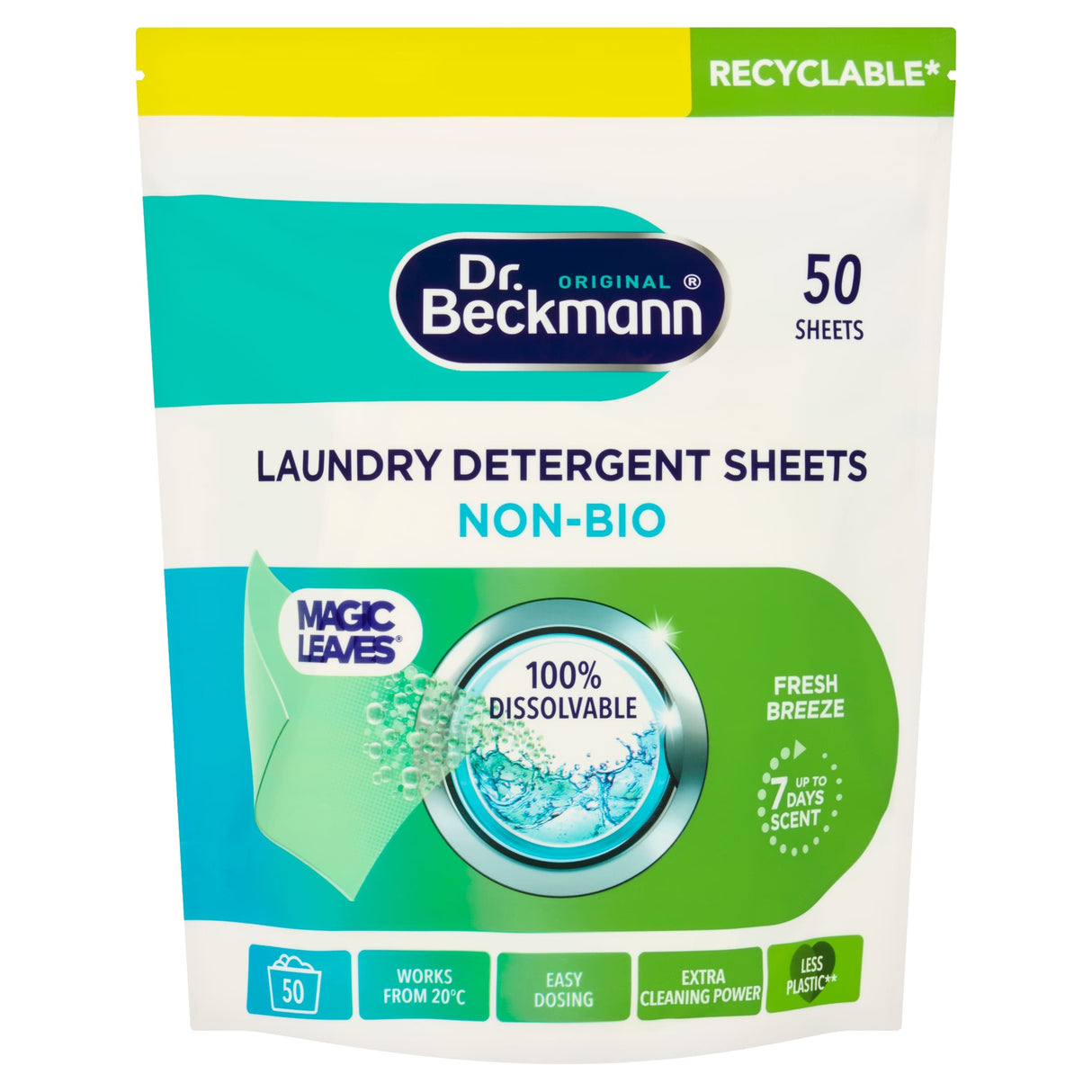 Dr Beckmann Magic Leaves Laundry Detergent Sheets Non-Bio Fresh Breeze 50 Sheets 200 g