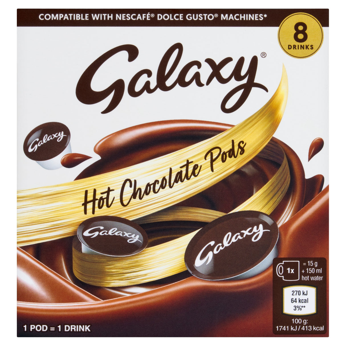 Galaxy Instant Hot Chocolate Nescafe Dolce Gusto Compatible Drink Pods 8 Pack 120 g