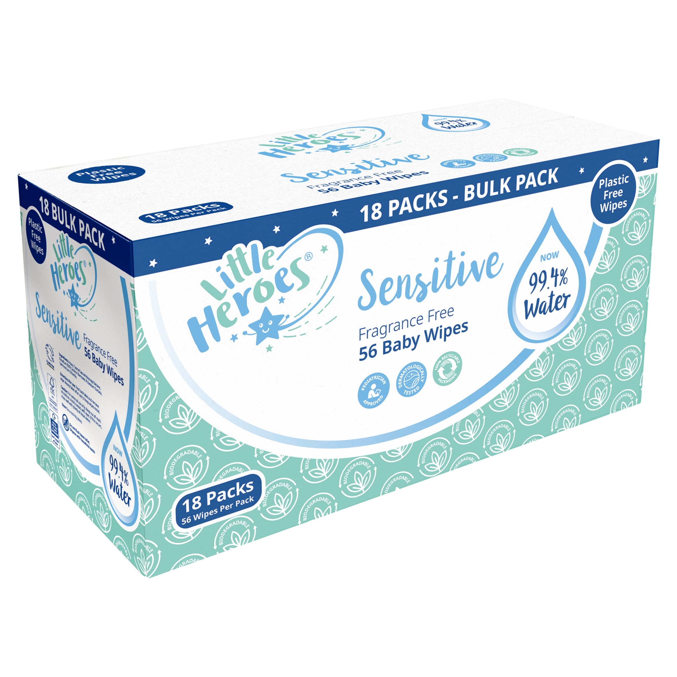 Little Heroes Sensitive Fragrance Free 99.4% Water Baby Wipes 18 x 56 Pack