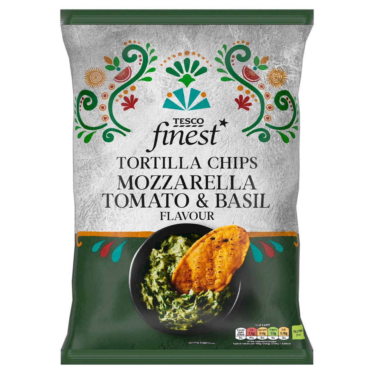 Tesco Finest Mozzarella Basil & Tomato Tortilla Chips 150 g