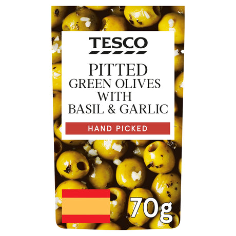 Tesco Pitted Green Olives Basil & Garlic 70 g