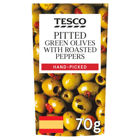 Tesco Pitted Green Olives With Red Peppers 70 g