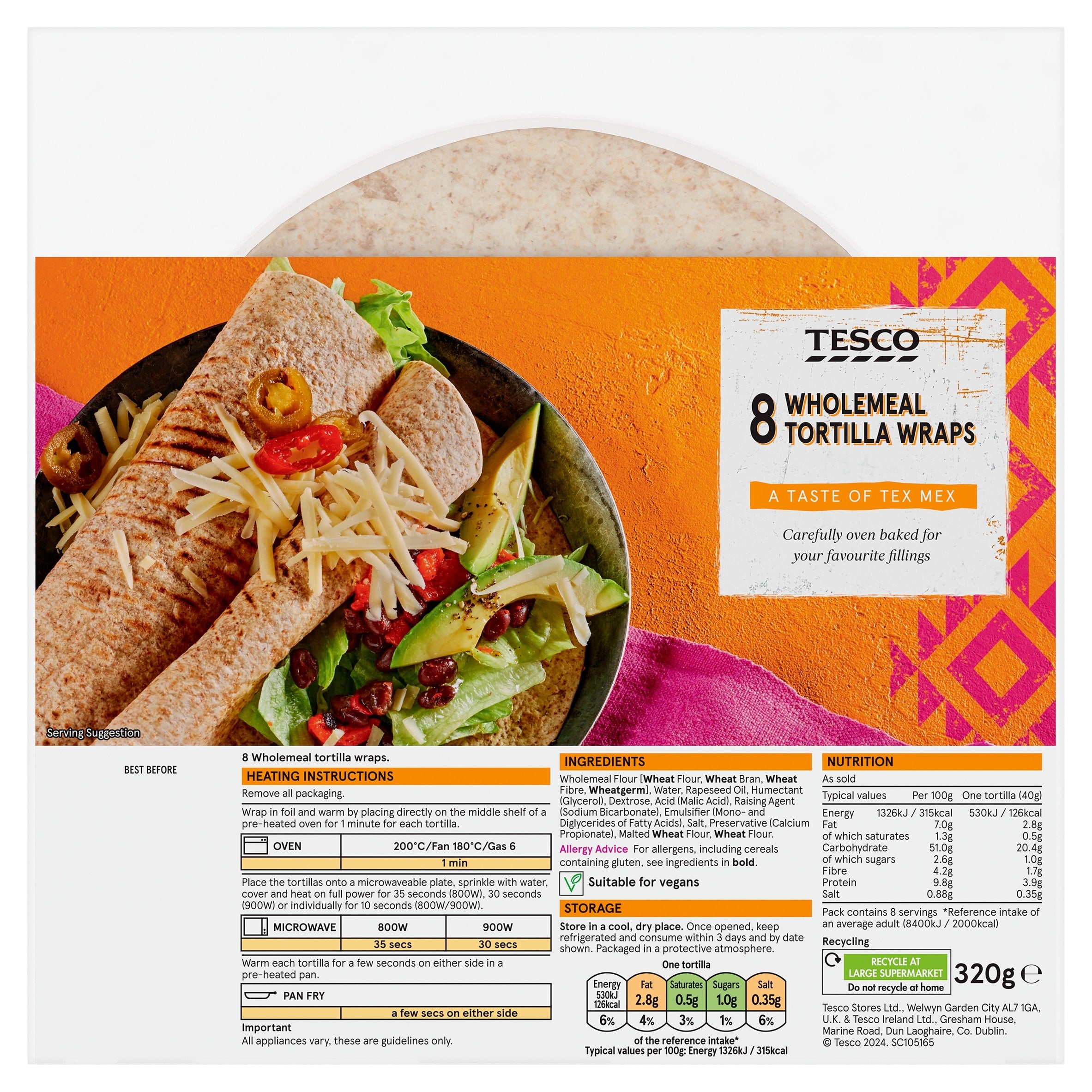 Tesco Wholemeal Tortilla Wraps 8 Pack 320 g