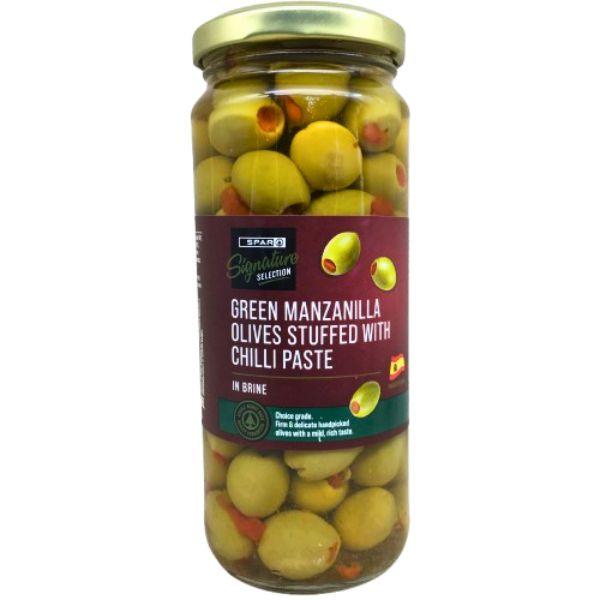 Spar Olives Natural Green Manzanilla Olives Pitted & Stuffed With Hot Chilli Paste 340 g