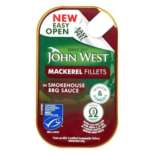 John West mackerel fillets in smokehouse BBQ sauce packaging on a white background