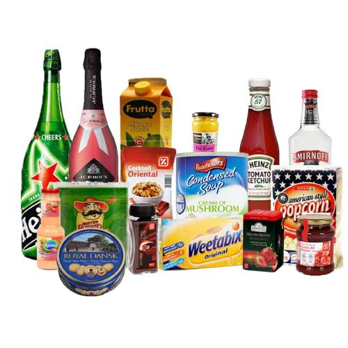 Collection of various food and beverage products on a white background