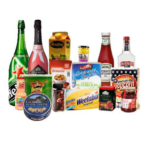 Collection of various food and beverage products on a white background