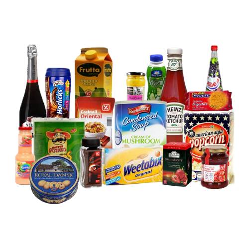 Assorted groceries including bottles, boxes, and jars on a white background