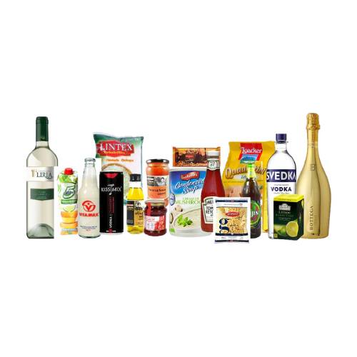 Collection of various bottles and packages on a white background