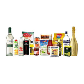 Collection of various bottles and packages on a white background