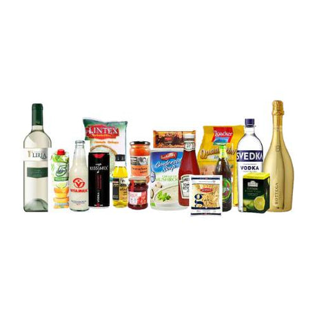 Collection of various bottles and packages on a white background