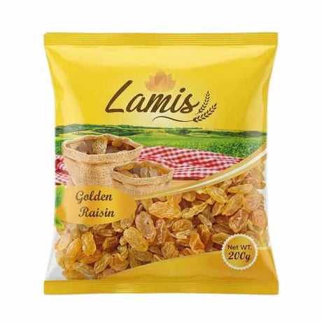 Packaging of Lamis Golden Raisin with a scenic background
