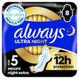 Always Ultra Secure Night Extra Size 5 Sanitary Towels With Wings 8 Pack