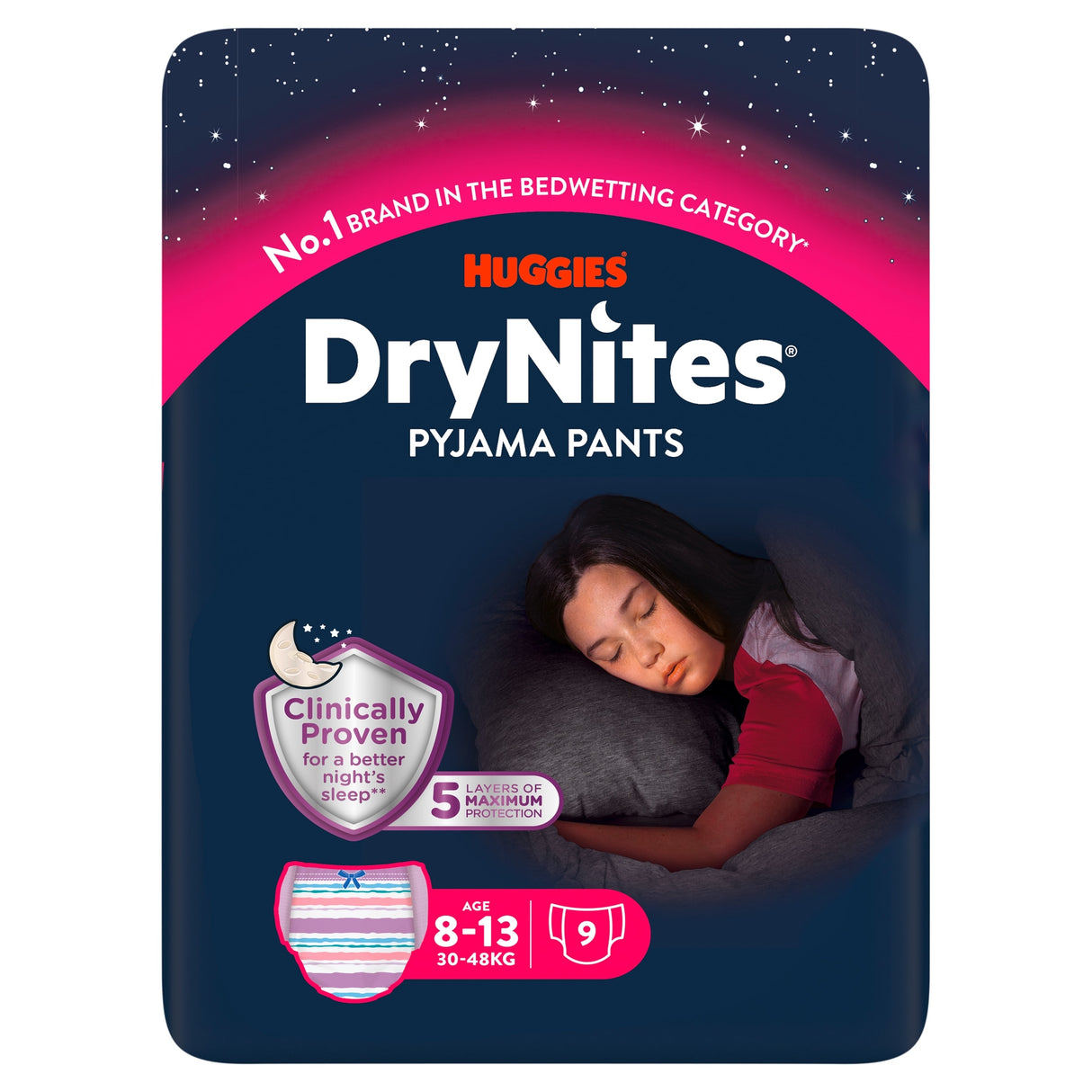 Huggies Dry Nites Bedwetting Pyjama Nappy Pants Girl 8-13 Years x 9