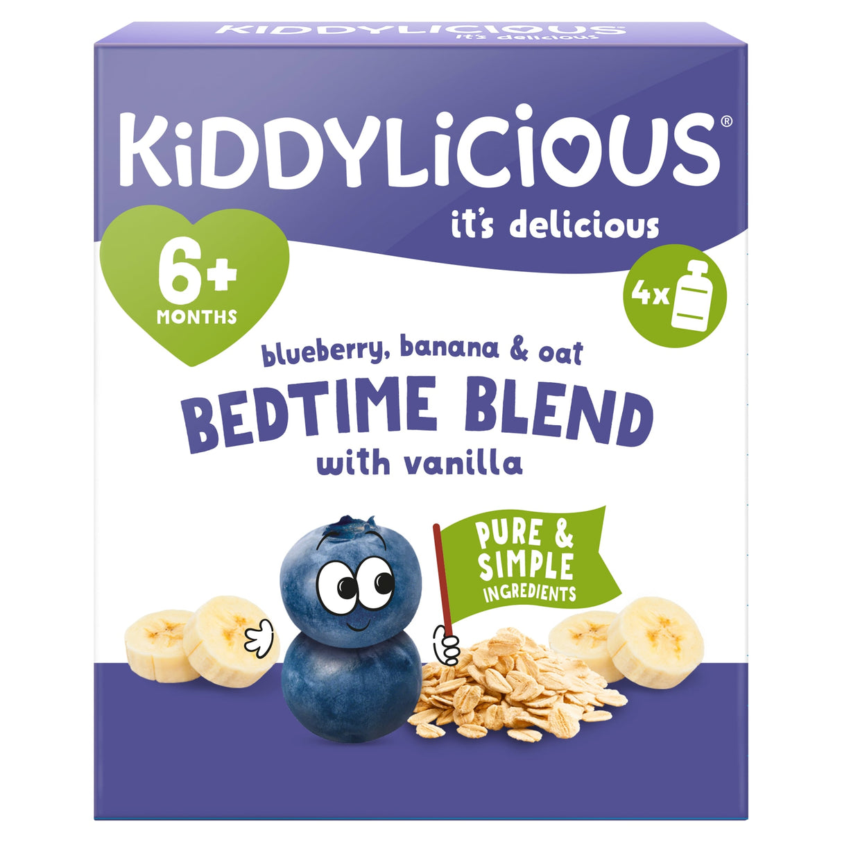 Kiddylicious Bedtime Blend Blueberry Banana & Oat Pouches 4 x 100 g