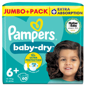 Pampers Baby-Dry Size 6+ 60 Nappies 14 kg-19 kg Jumbo+ Pack