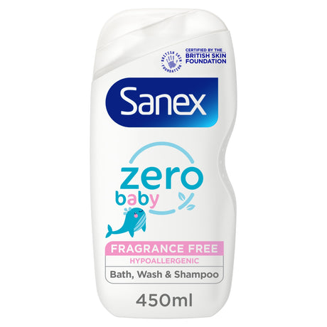 Sanex Zero% Baby Hypoallergenic Fragrance Free Bath Wash & Shampoo 450 ml