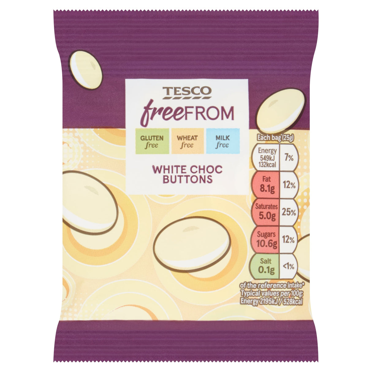 Tesco Free From White Choc Buttons 25 g