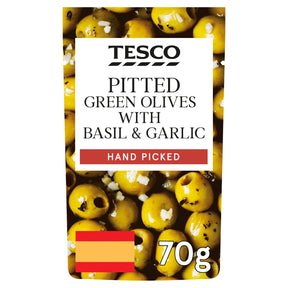 Tesco Pitted Green Olives Basil & Garlic 70 g