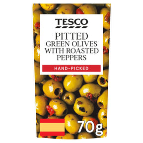 Tesco Pitted Green Olives With Red Peppers 70 g
