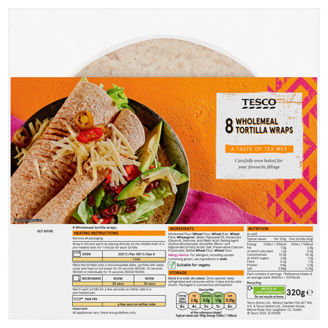 Tesco Wholemeal Tortilla Wraps 8 Pack 320 g