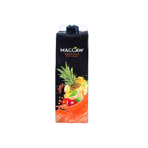 Maccaw tropical fruit juice box on a white background
