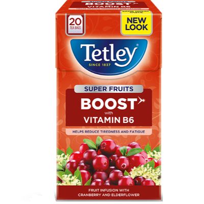 Tetley Tea Super Fruits Boost With Vitamin B6 Cranberry & Elderflower Reduces Tirednesss & Fatigue x20